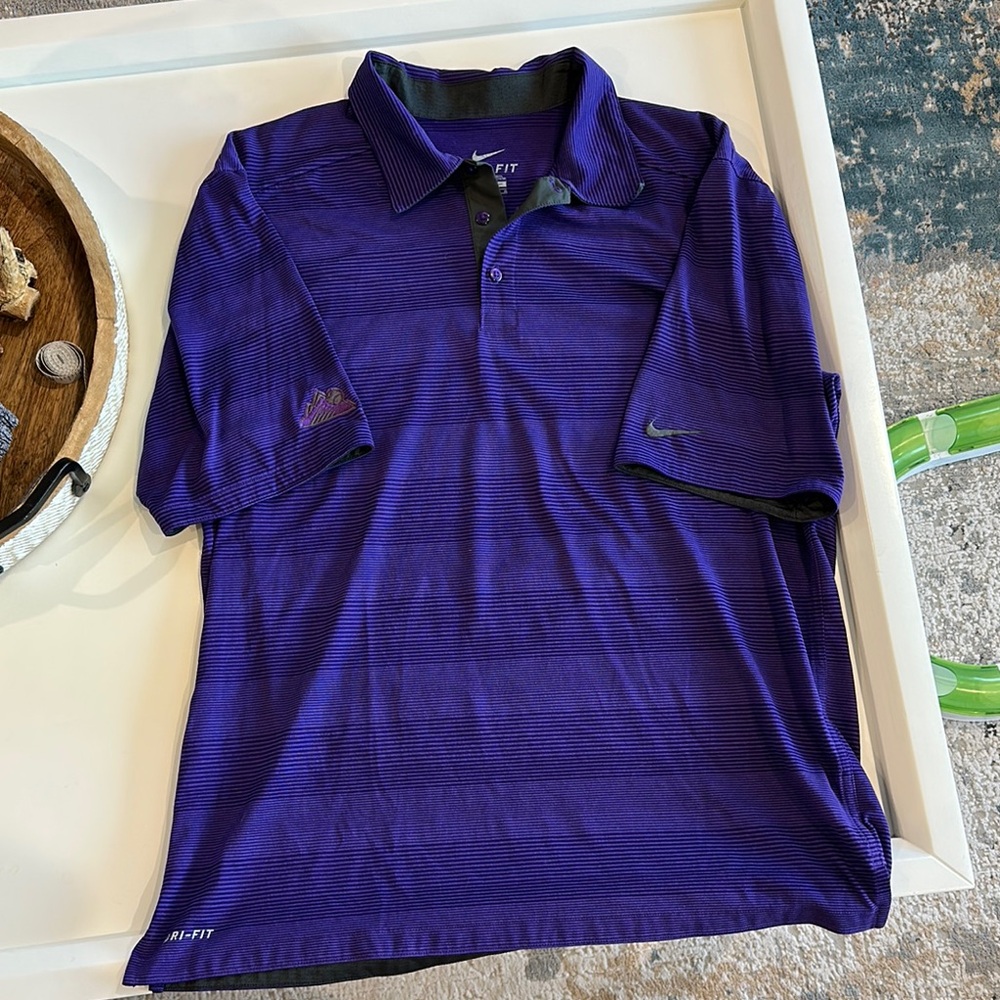 Nike Men's Purple Polo Shirt with Colorado Rockies Logo on Sleeve